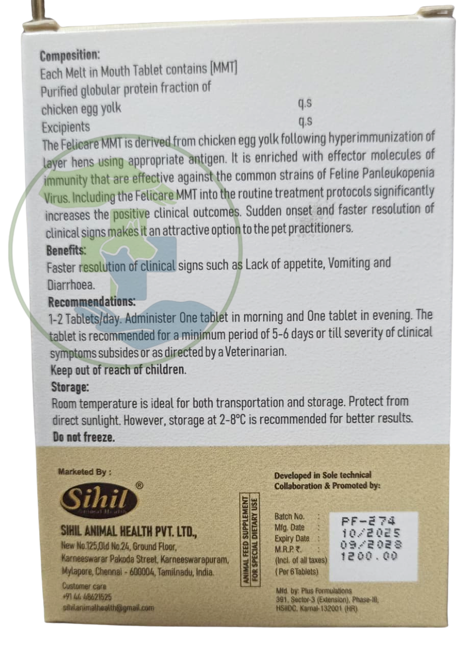 Sihil Felicare 6's Tablets for Cats & Kittens | Mouth Melt Tablets for Feline Panleukopenia | Immunity Support Animal Feed Supplement