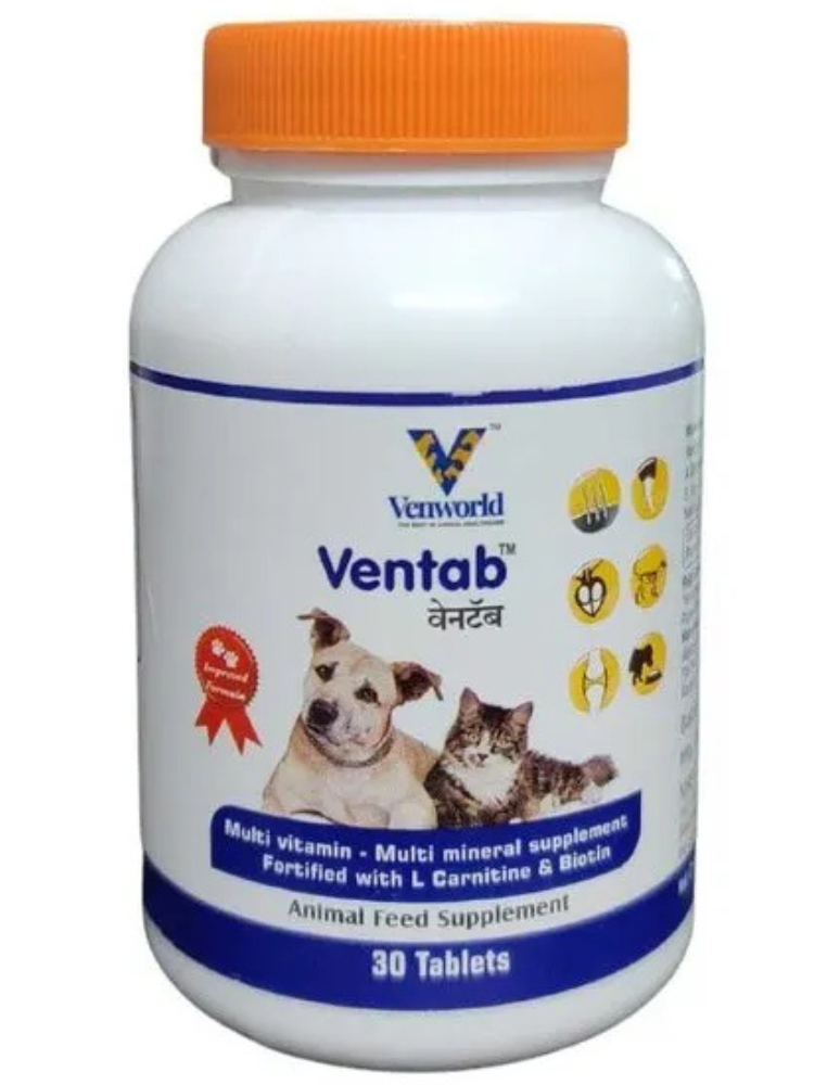 Venkys Ventab Multivitamin Tablets for Dogs & Cats | Skin, Coat, Muscle & Immunity Support with L-Carnitine & Biotin ( Pack of 30 Tablets )