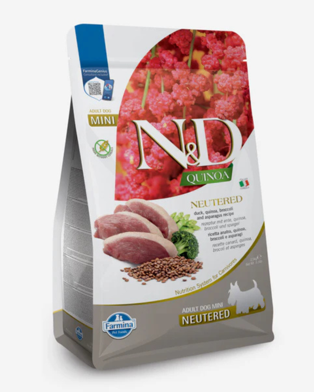 Farmina N&D Quinoa Neutered Mini Adult Dog Food â€“ Duck, Broccoli & Asparagus â€“ High Protein, Grain-Free, Low-Fat Formula for Small Breeds 2.5kg