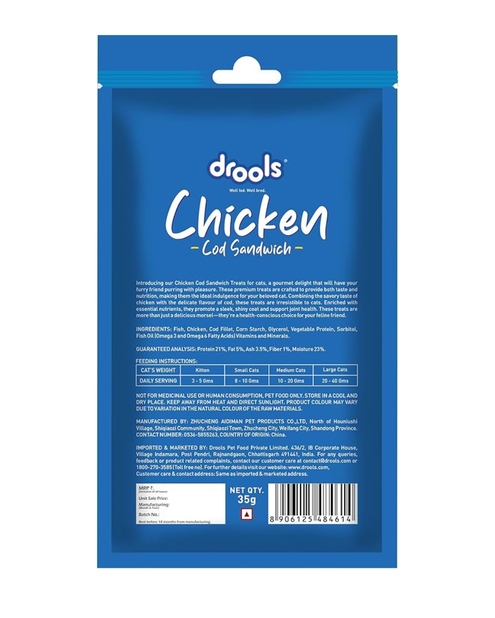 Drools Chicken & Cod Sandwich Cat Treats 35gm | High Protein Crunchy Snacks for Cats & Kittens