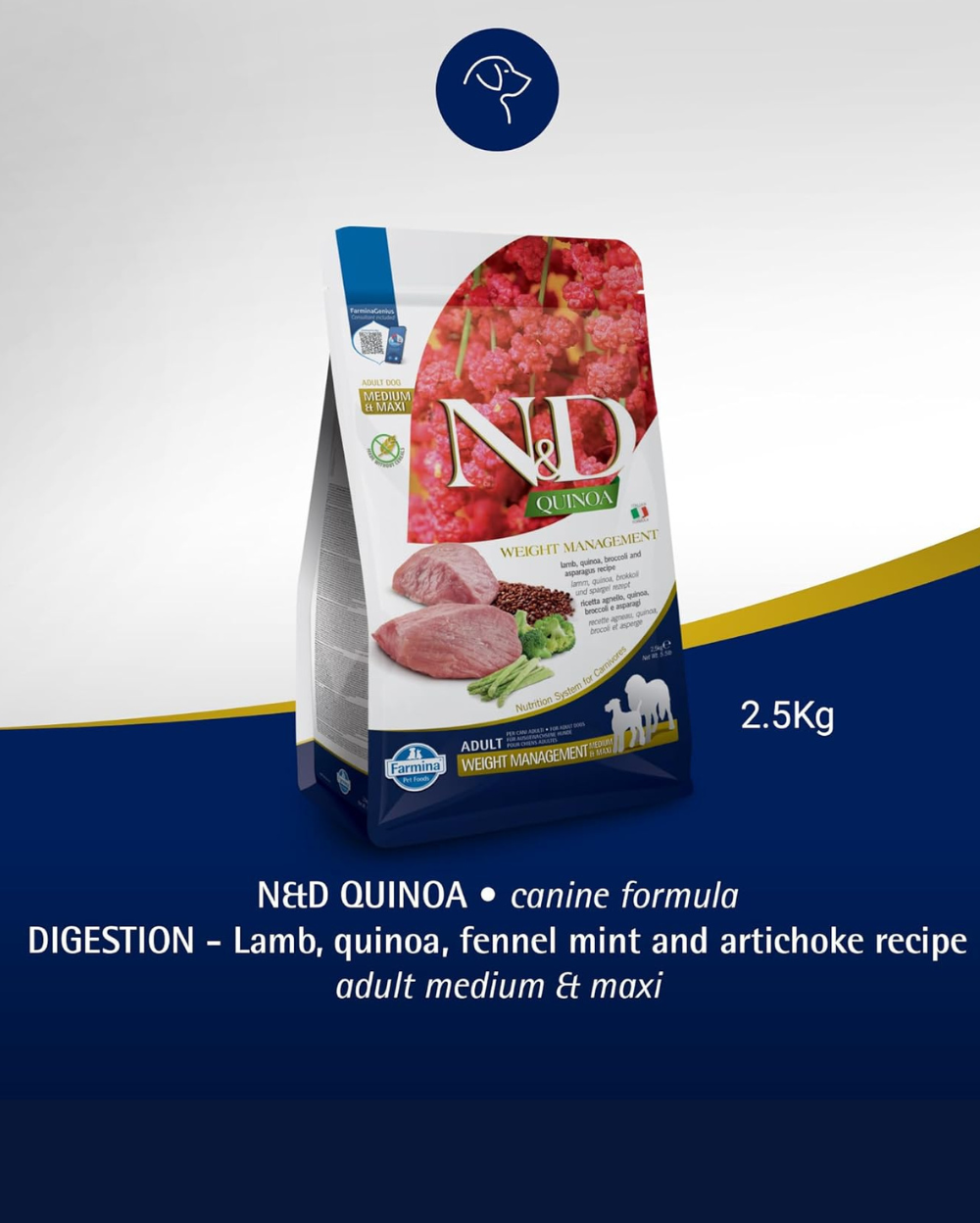 Farmina N&D Grain-Free Quinoa Weight Management Dry Dog Food â€“ Lamb, Broccoli & Asparagus Recipe for Adult Medium & Maxi Breeds | High-Protein, Low-Fat, Natural Nutrition for Healthy Weight & Muscle M
