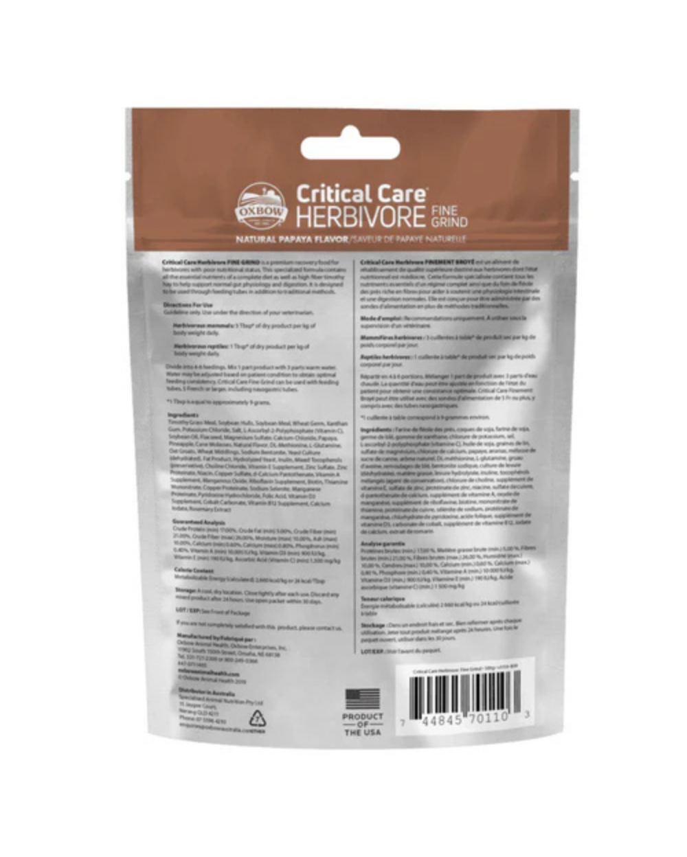Oxbow Critical Care Herbivore Fine Grind Papaya 100g â€“ Premium Recovery Food for Small Herbivores, Rabbits, Guinea Pigs, Chinchillas