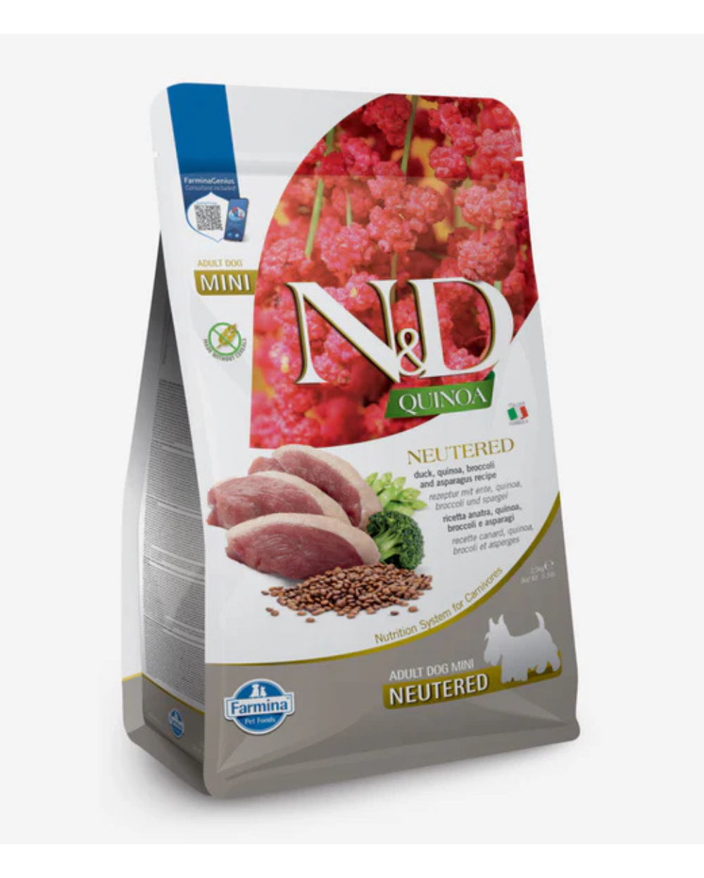 Farmina N&D Quinoa Neutered Adult Dog Food Duck, Broccoli & Asparagus â€“ 2.5kg (Medium & Maxi Breeds)