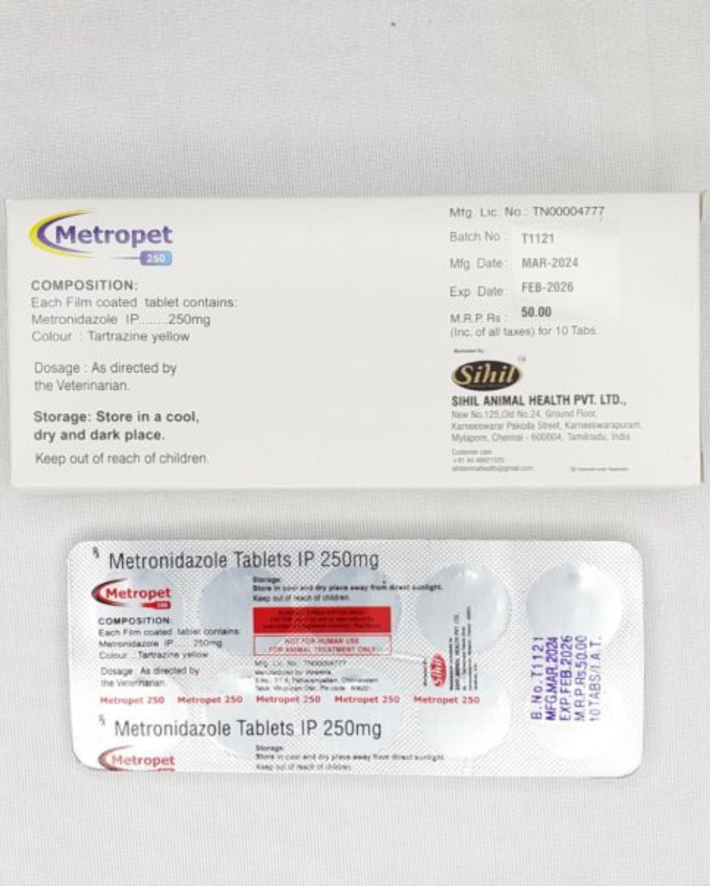Sihil Metropet Tablet 10â€™s â€“ Metronidazole Veterinary Tablets for Dogs & Cats | Anti-Diarrheal, Anti-Protozoal & Gut Infection Treatment