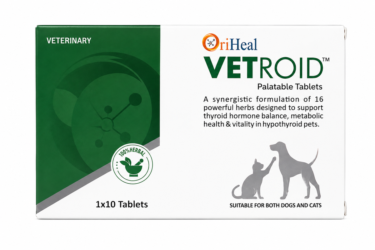 Oriheal Vetroid Herbal Thyroid Support Tablet for Dogs & Cats | Kanchanar, Ashwagandha, Guggulu & 16 Herbs | Hypothyroid Balance & Metabolic Health | 10 Tablets