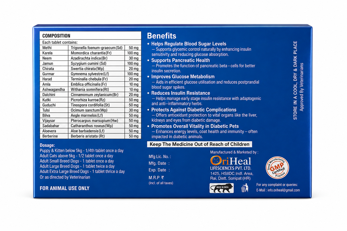 Oriheal DiaPetica Herbal Blood Sugar Support Tablet for Dogs & Cats | Karela, Jamun, Gurmar, Methi & 18 Herbs | Diabetic Support | 10 Tablets