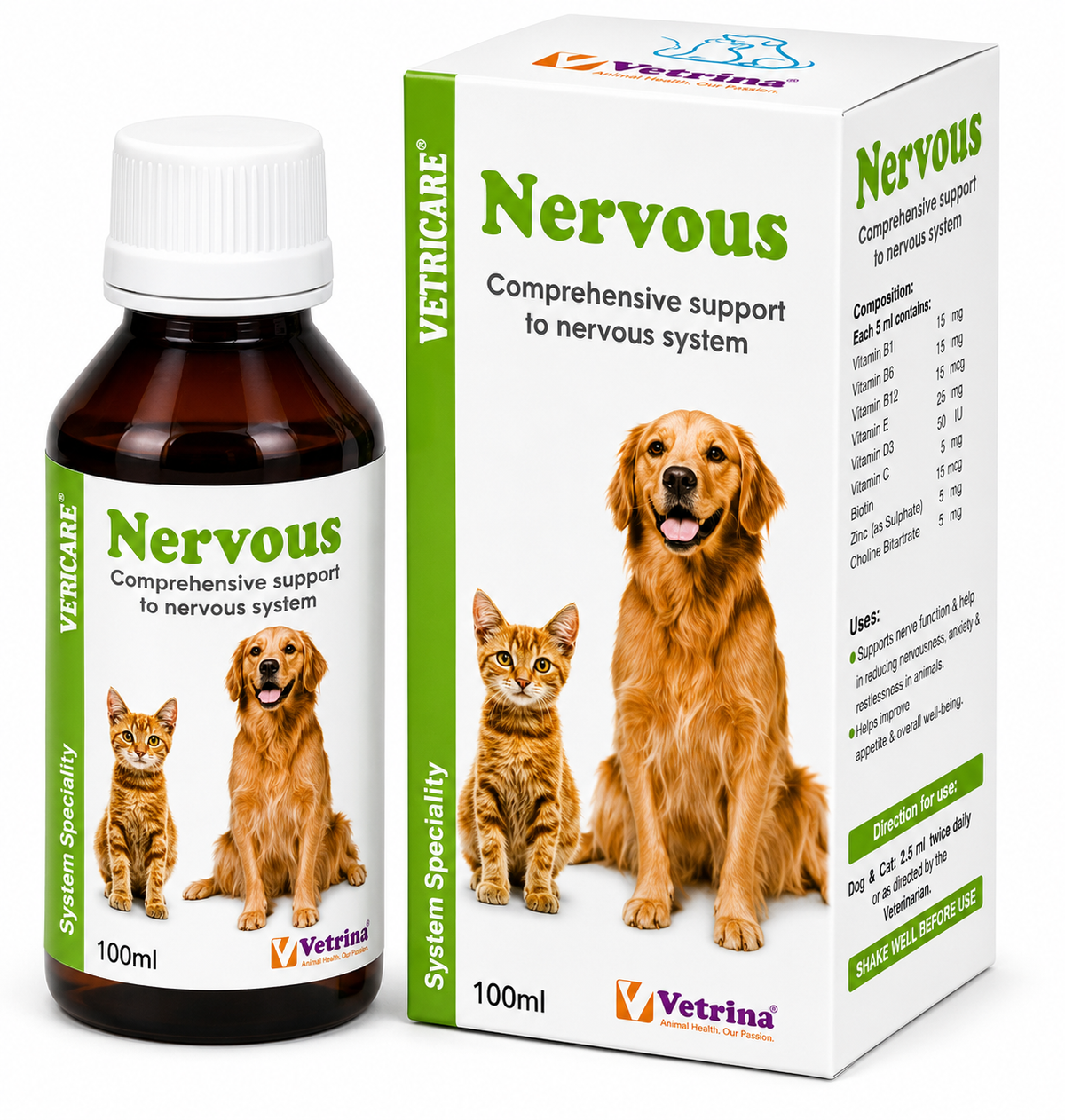 Vetrina Vetricare Nervous Syrup for Dogs and Cats 100ml | Nervous System Support, Stress & Anxiety Relief, Cognitive & Neurological Health Supplement