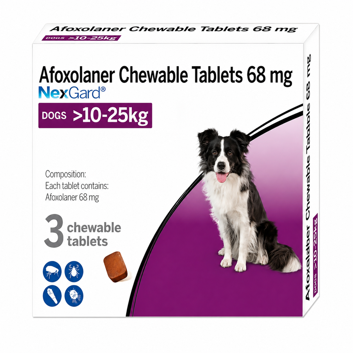 Boehringer Ingelheim NexGard 68mg Chewable Tablet for Dogs (10-25 kg) | Flea & Tick Control | 3 Tablets (1 Box - 3 Month Protection)