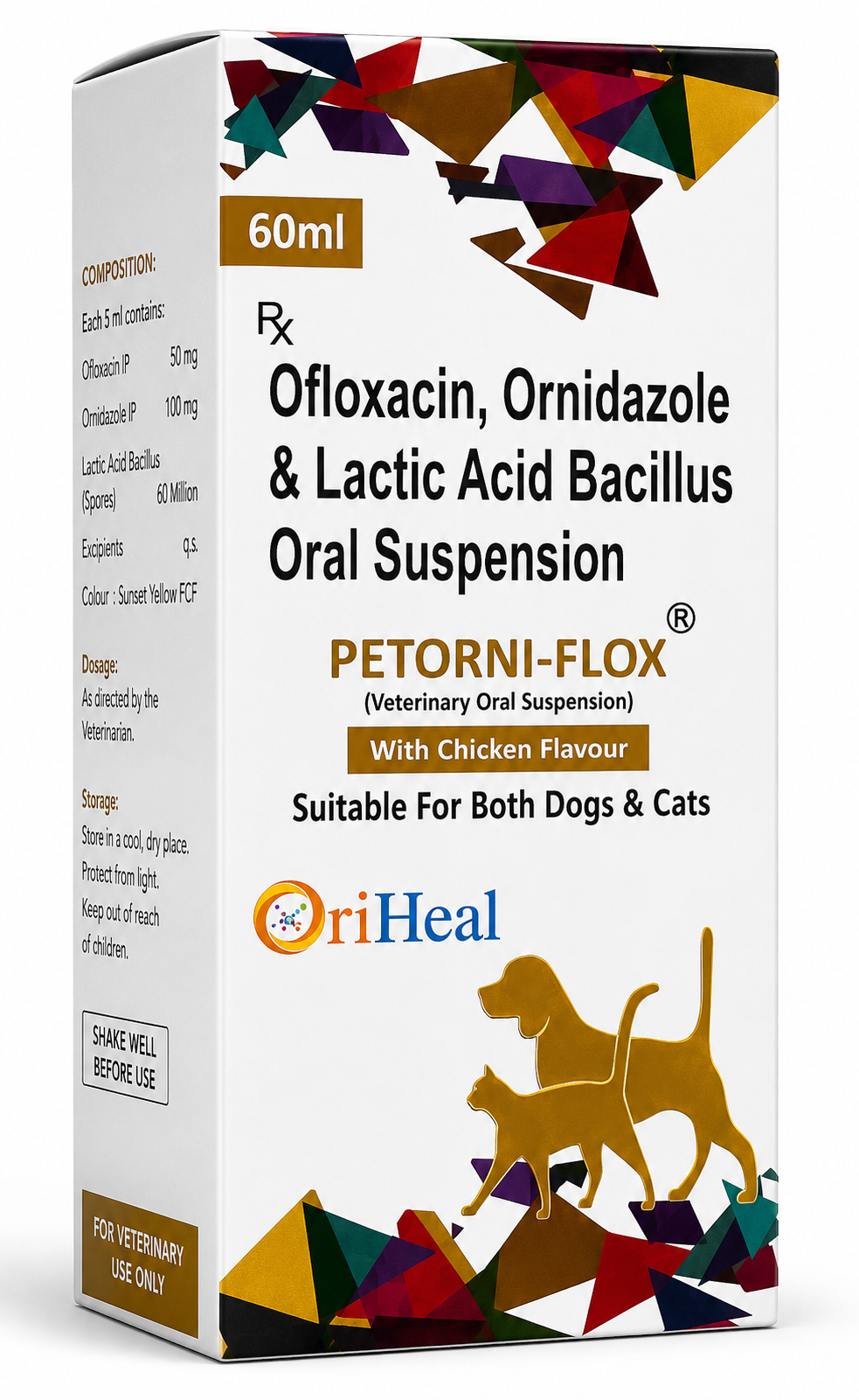 Oriheal Petorni-Flox Ofloxacin + Ornidazole + Probiotic Oral Suspension for Dogs & Cats | Broad-Spectrum Antibacterial & Antiprotozoal | GI, UTI & Respiratory Infections | 60ml