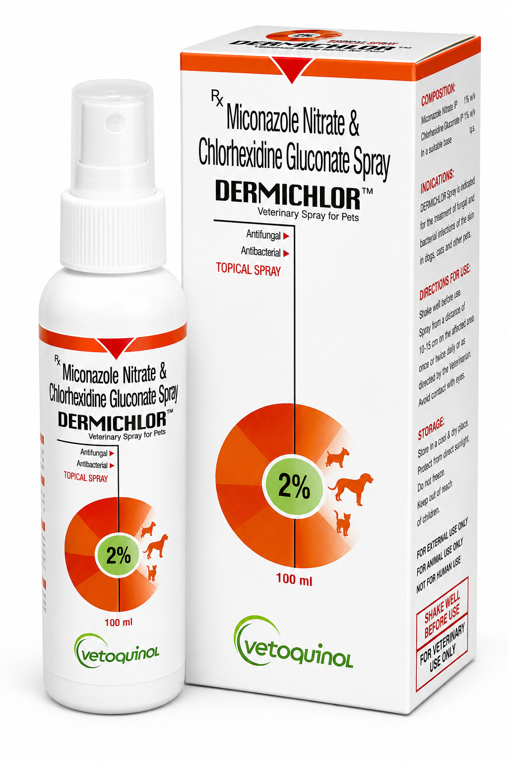 Vetoquinol Dermichlor Chlorhexidine + Miconazole Antibacterial & Antifungal Topical Spray for Dogs & Cats | Hot Spots, Pyoderma, Ringworm & Yeast Dermatitis | 100ml
