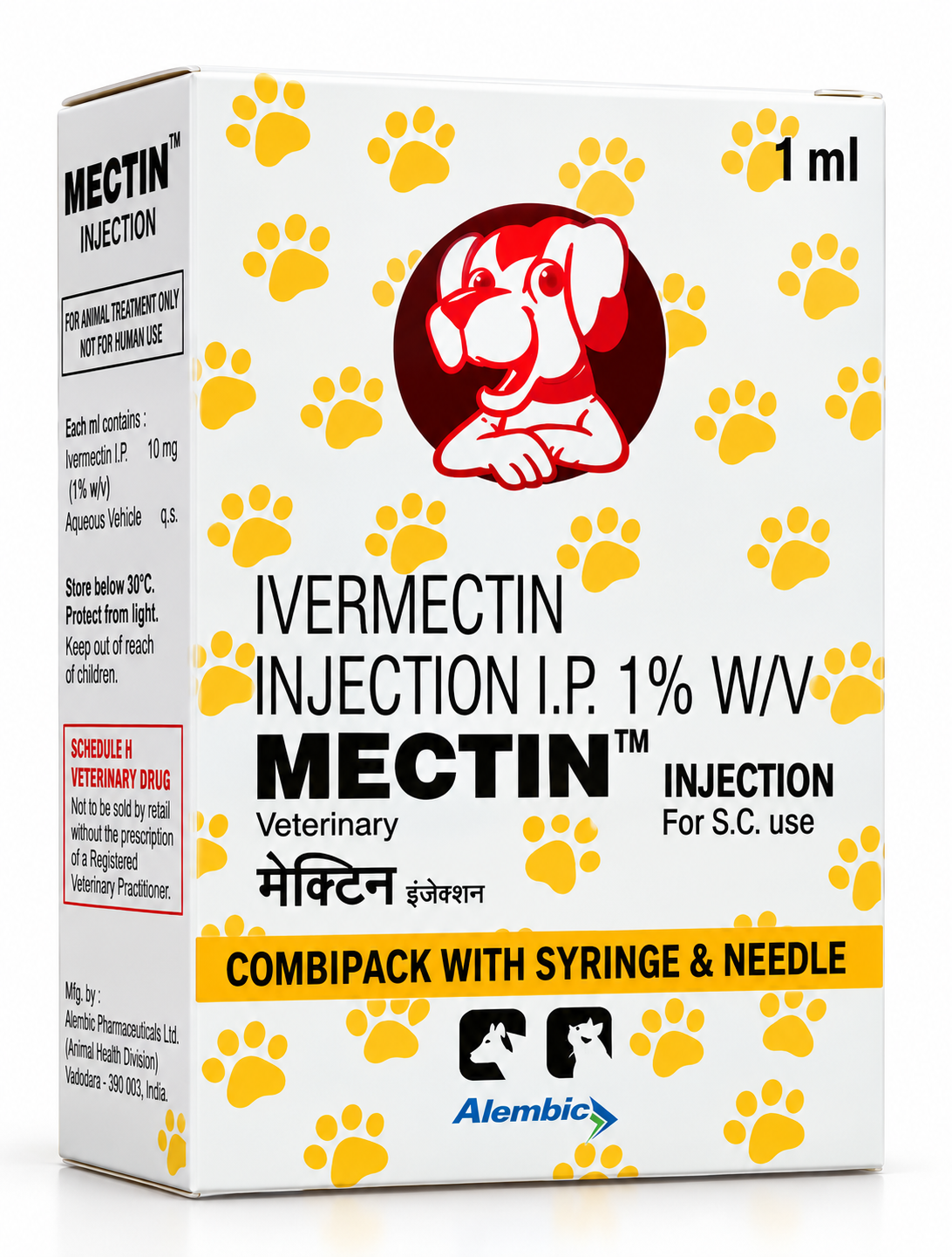 Alembic Mectin Pet Injection for Dogs & Cats | Ivermectin 1% w/v | Broad-Spectrum Antiparasitic | Mange, GI Worms, Lungworm & Ectoparasites | 1 Vial x 1ml