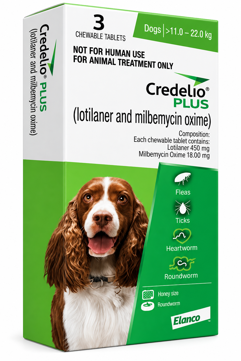 Elanco Credelio PLUS Chewable Tablet for Dogs 11-22kg | Lotilaner 450mg + Milbemycin Oxime 18mg | 3 Tablets