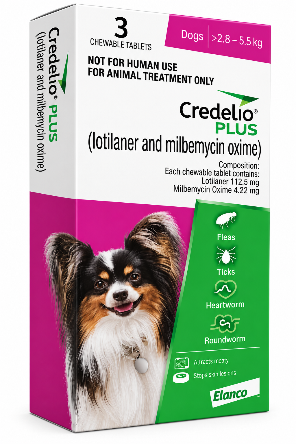 Elanco Credelio PLUS Chewable Tablet for Dogs 2.8-5.5kg | Lotilaner 112.5mg + Milbemycin Oxime 4.22mg | 3 Tablets