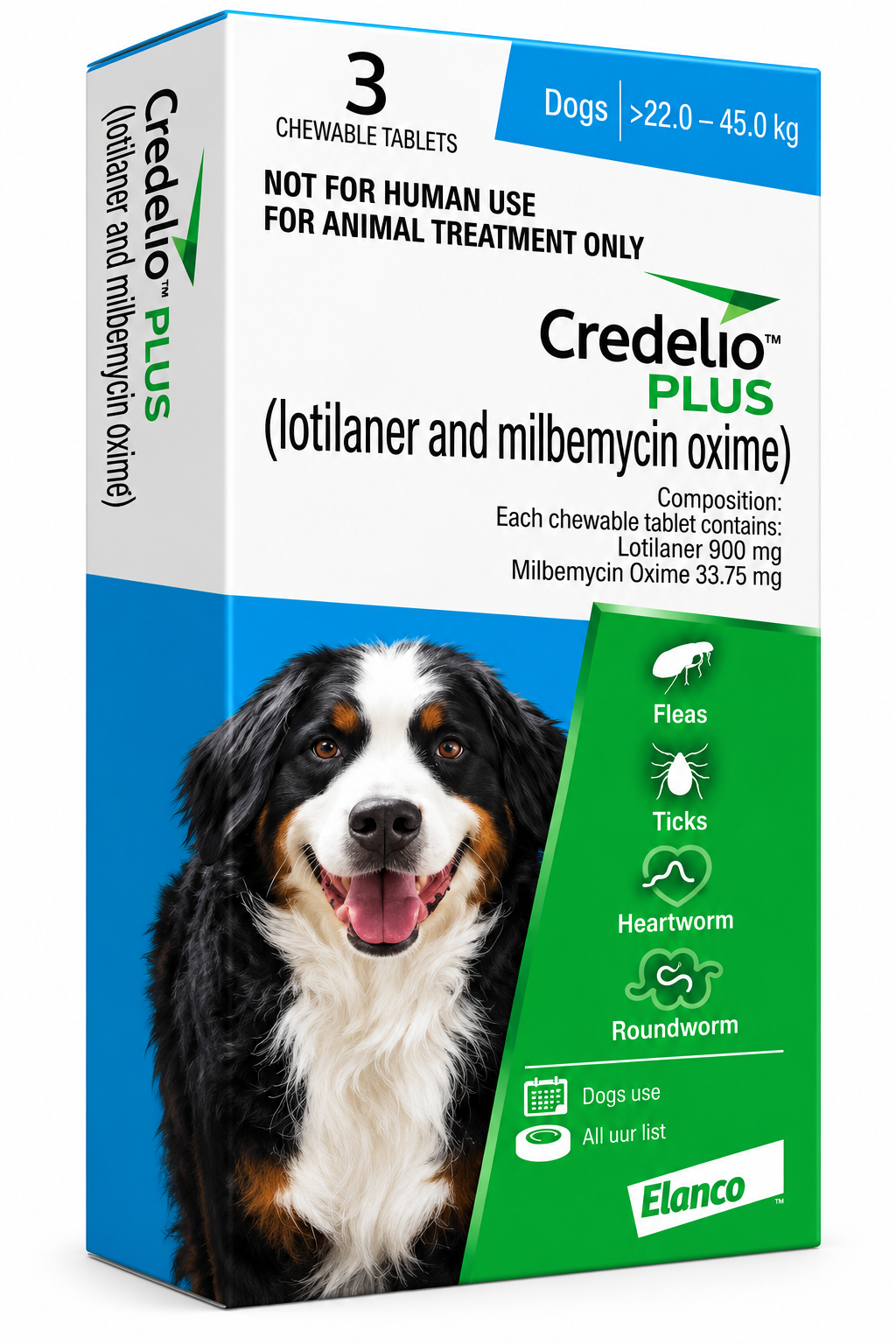 Elanco Credelio PLUS Chewable Tablet for Dogs 22-45kg | Lotilaner 900mg + Milbemycin Oxime 33.75mg | 3 Tablets
