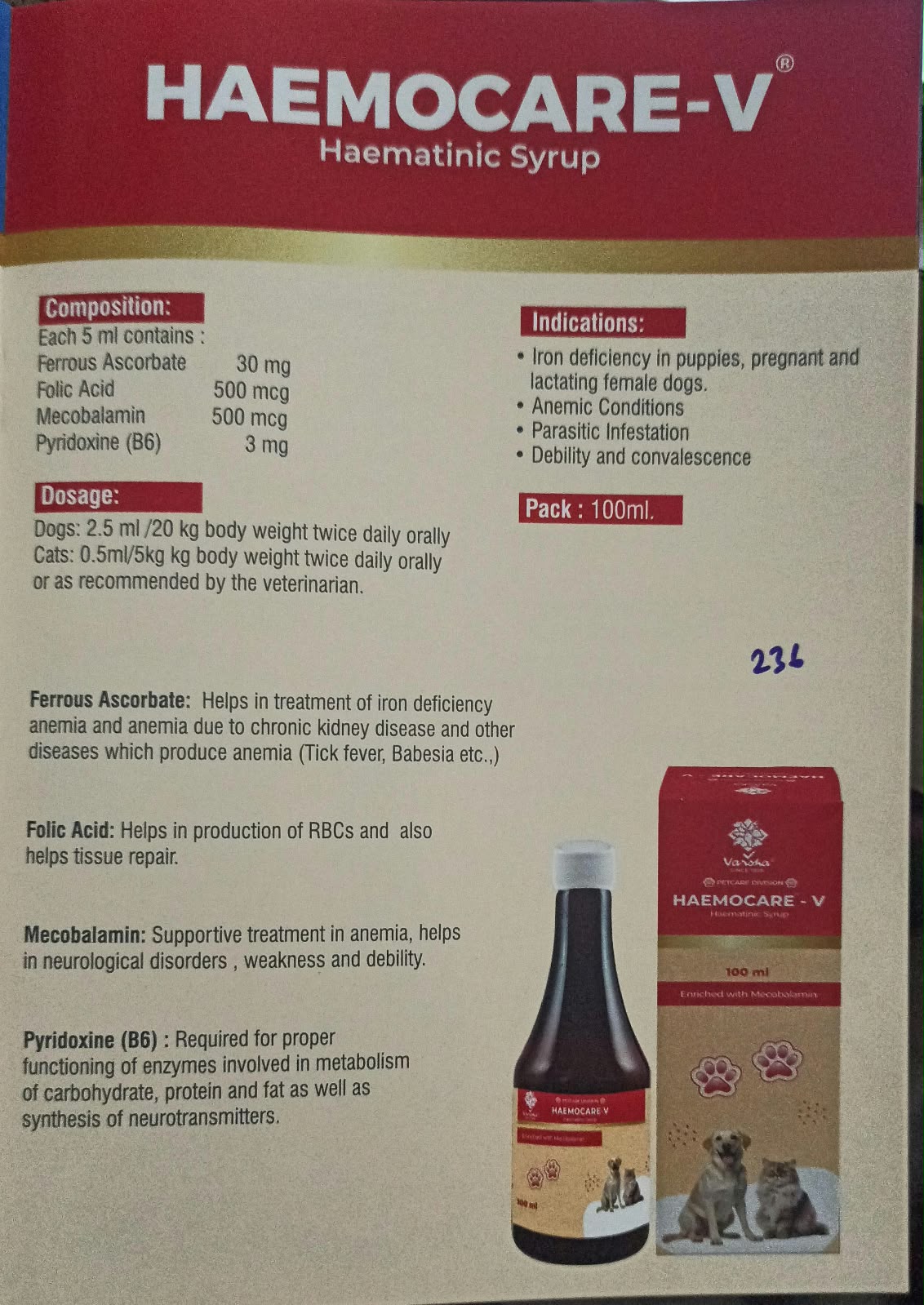 HAEMOCARE-V 100 ml leaflet with composition, indications and dosage for dogs and cats