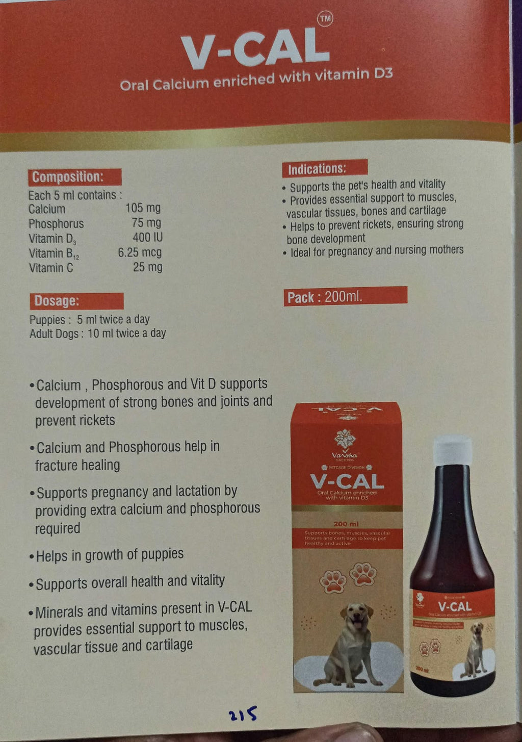V-CAL 200 ml leaflet with calcium, phosphorus, vitamin composition and puppy and adult dog dosage