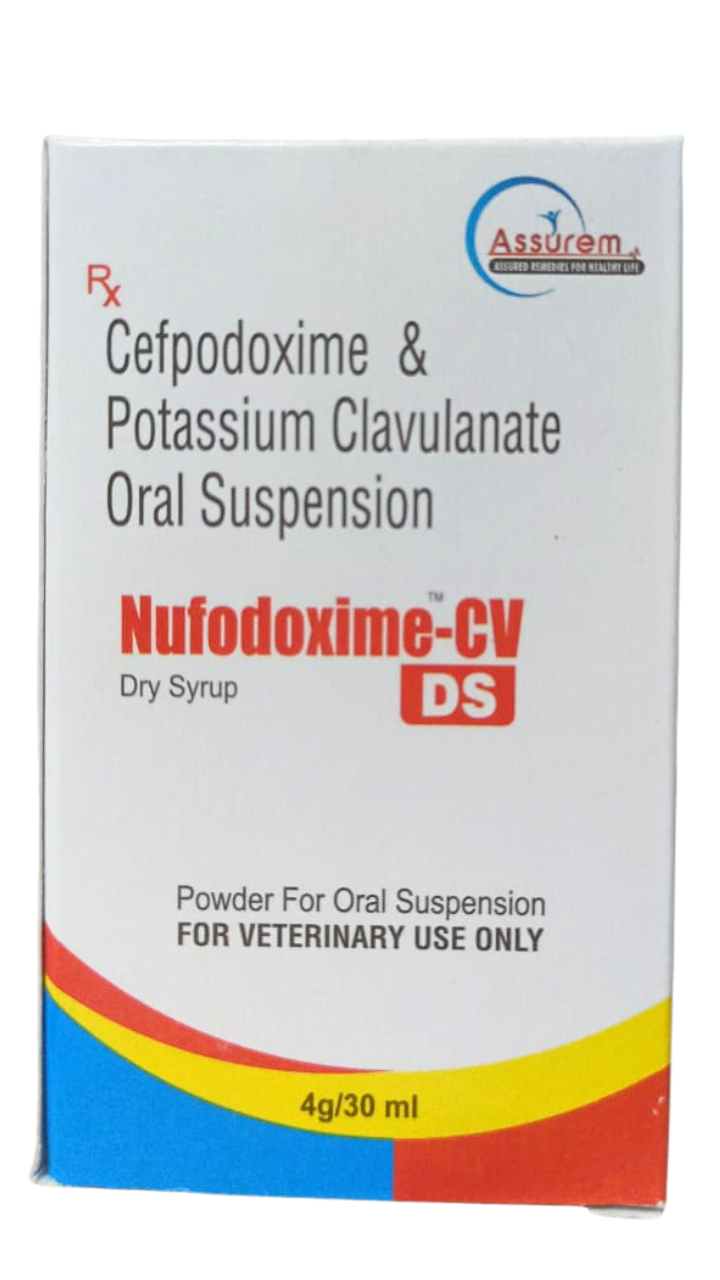 Assurem Nufodoxime-CV Dry Syrup 30mlâ€“ Cefpodoxime Proxetil & Clavulanic Acid Veterinary Antibiotic for Skin, Respiratory & Urinary Infections