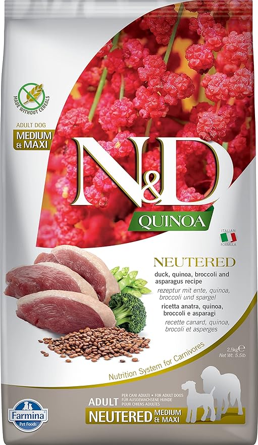 Farmina N&D Quinoa Neutered Adult Dog Food Duck, Broccoli & Asparagus â€“ 2.5kg (Medium & Maxi Breeds)