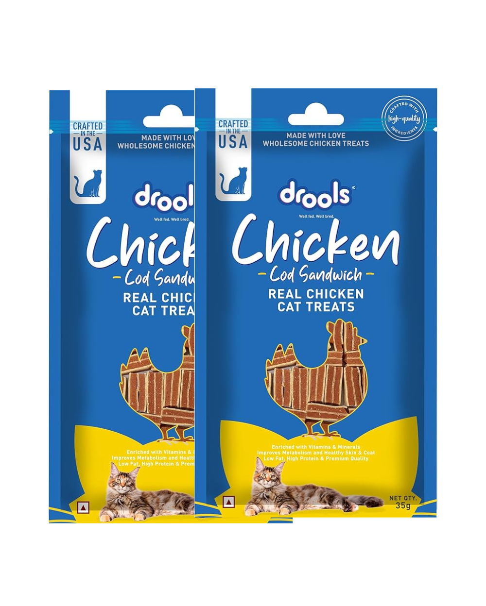 Drools Chicken & Cod Sandwich Cat Treats 35gm | High Protein Crunchy Snacks for Cats & Kittens