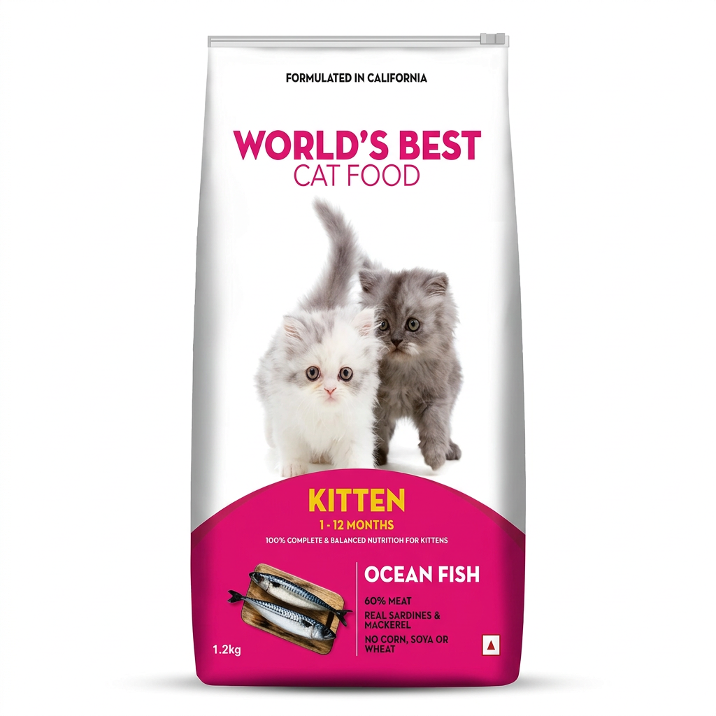 World's Best Ocean Fish kitten food 1.2kg white and magenta bag for kittens aged 1–12 months on white background
