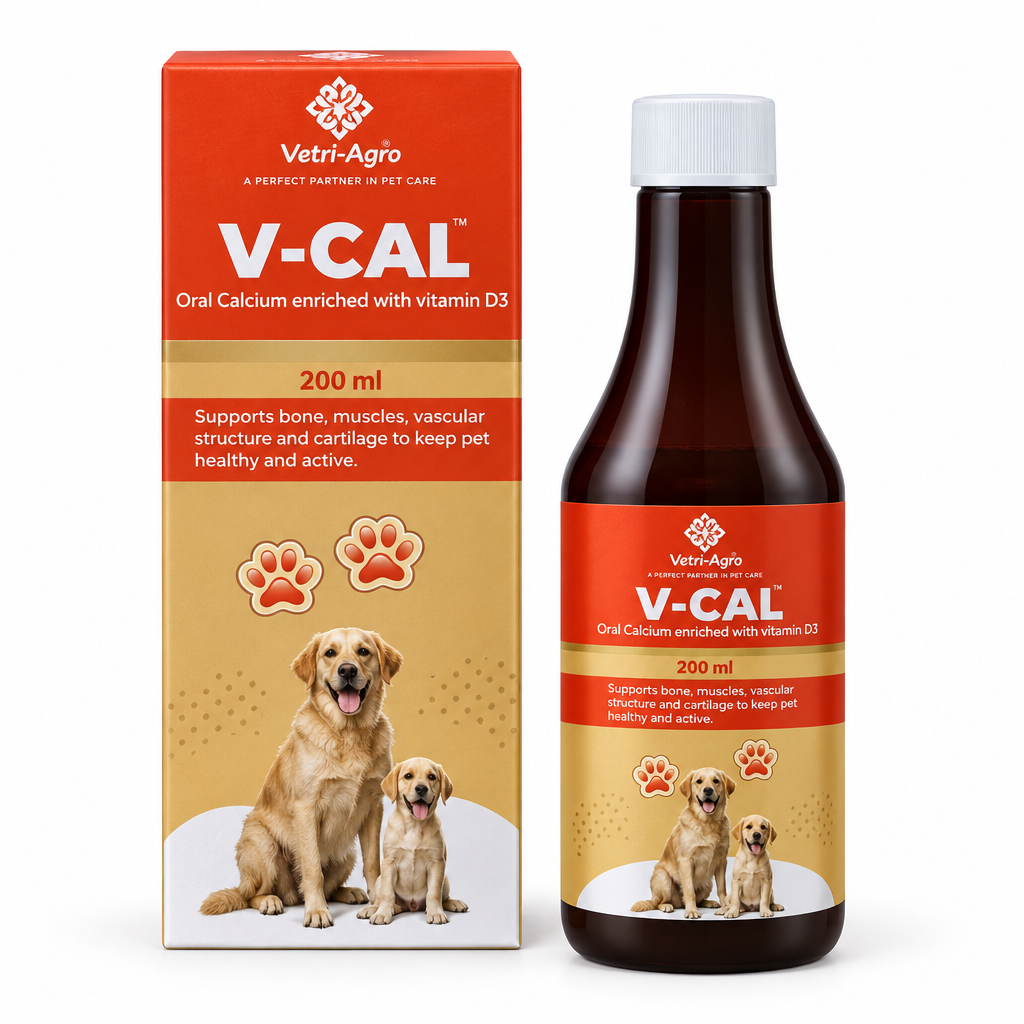 Varsha V-CAL oral calcium supplement with vitamin D3 for dogs, 200 ml bottle and carton