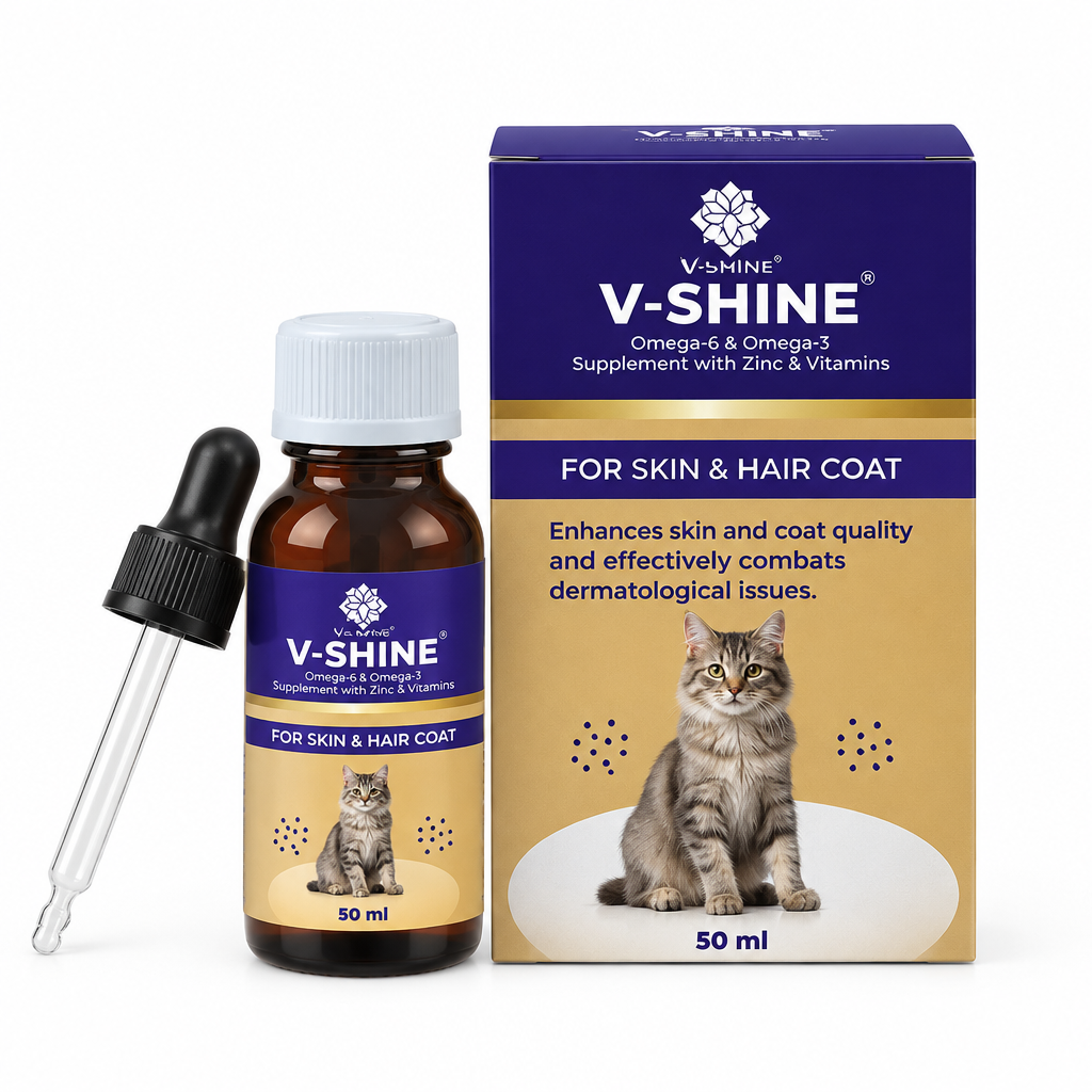 Varsha V-SHINE CAT 50 ml skin and coat supplement bottle, dropper and carton