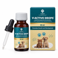 Varsha V-ACTIVE Drops 30 ml nutritional supplement for puppies and kittens, bottle, dropper and carton