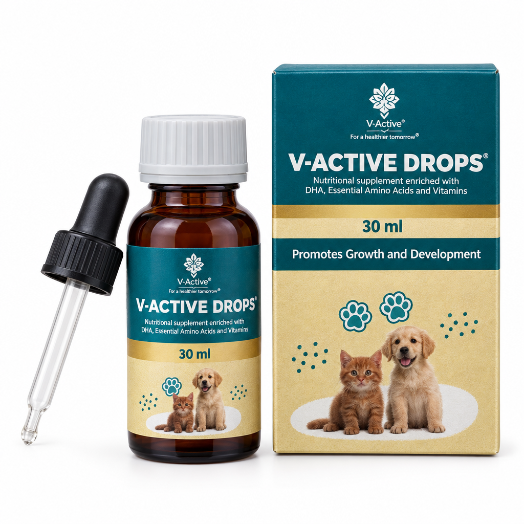 Varsha V-ACTIVE Drops 30 ml nutritional supplement for puppies and kittens, bottle, dropper and carton