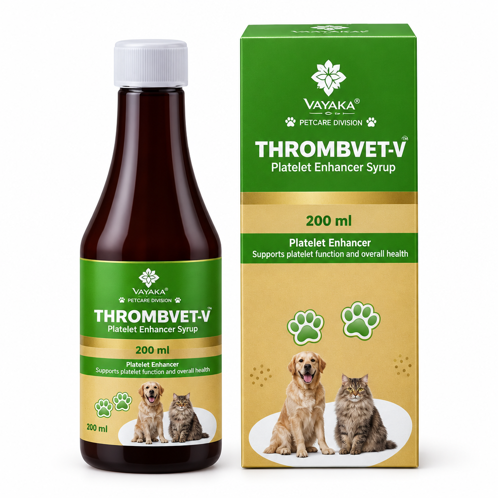 Varsha THROMBVET-V platelet enhancer syrup for dogs and cats, 200 ml bottle and carton