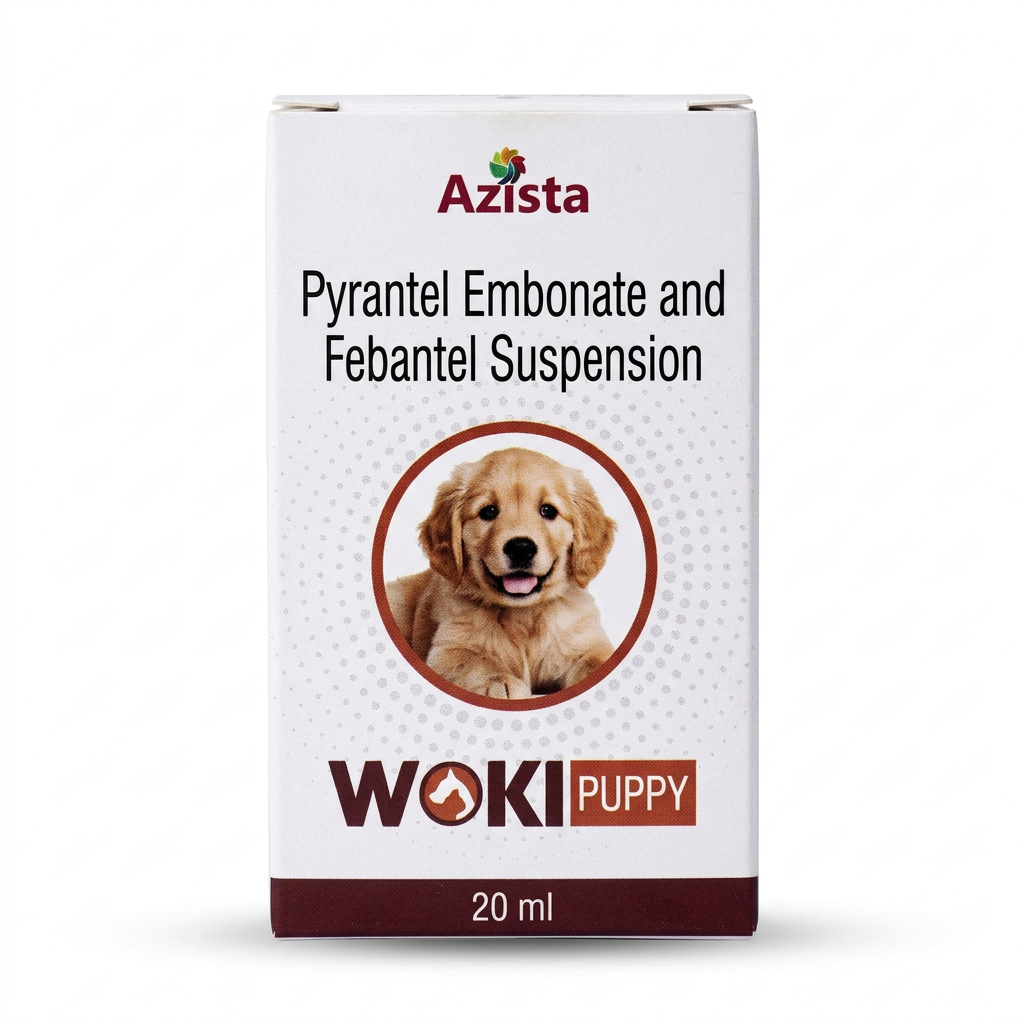 Azista Woki Puppy deworming suspension 20 ml carton with pyrantel embonate and febantel