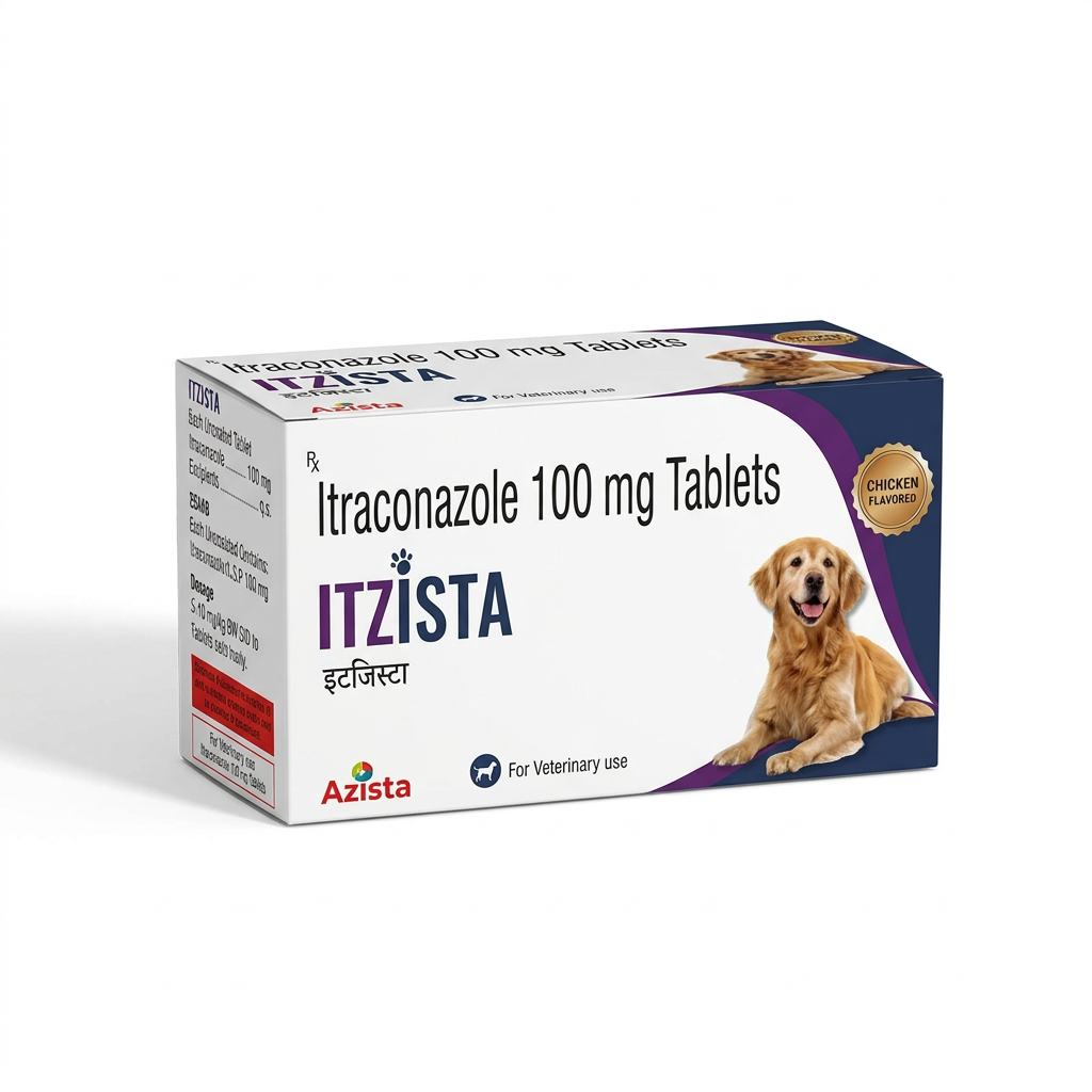 Azista Itzista itraconazole 100 mg chicken-flavoured tablets carton on a white background