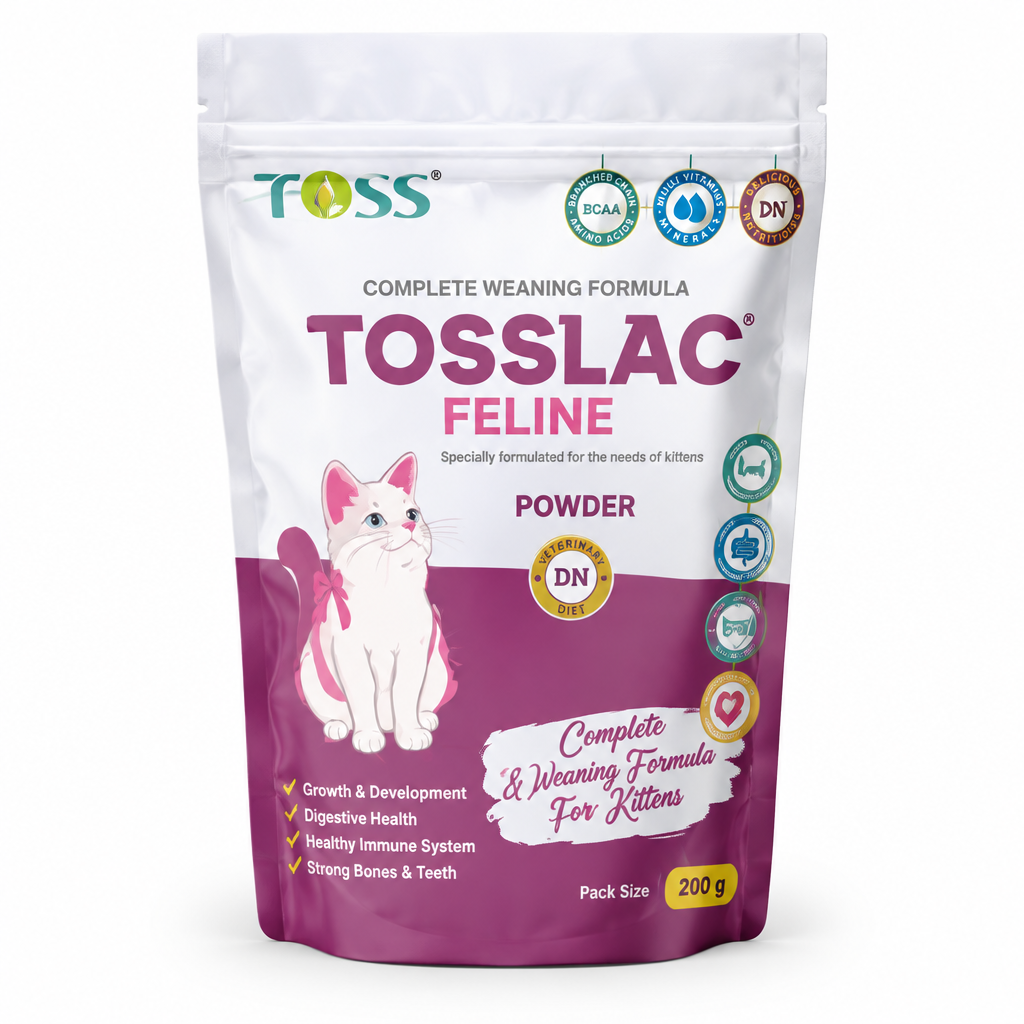 Toss Tosslac Feline kitten weaning powder 200 g pouch on white background