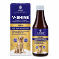 Varsha V-SHINE omega 3 and 6 skin and coat supplement, 200 ml bottle and carton