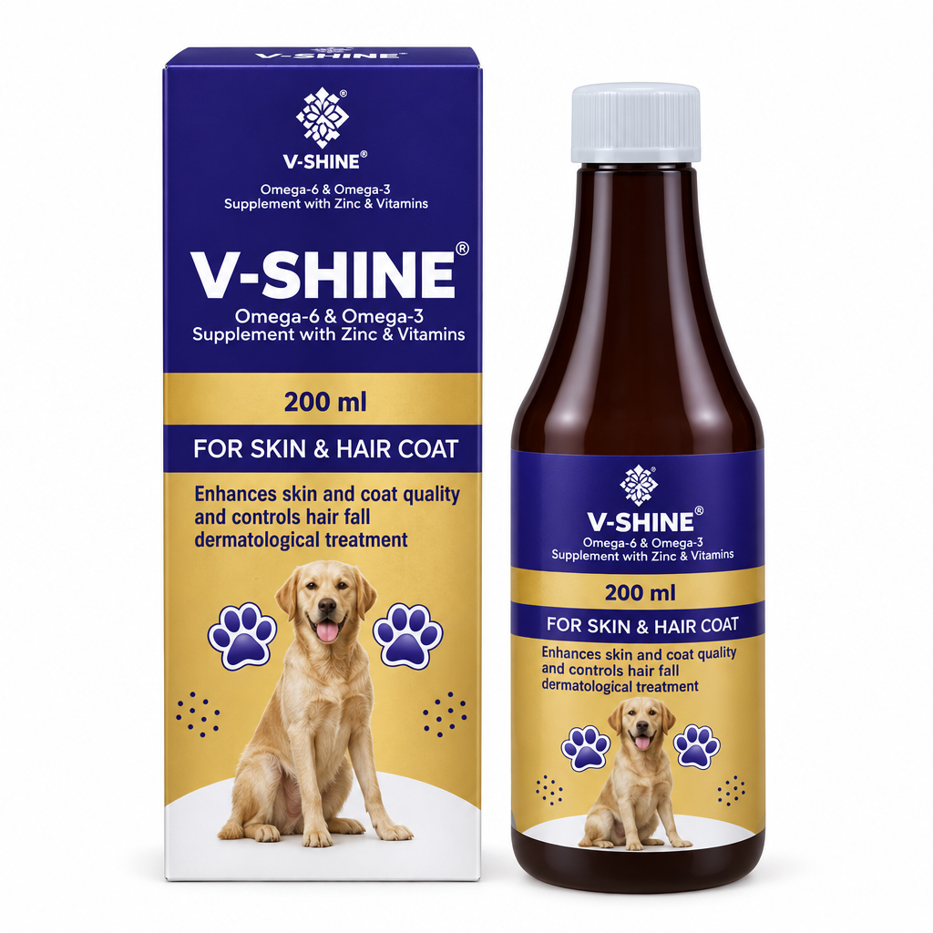Varsha V-SHINE omega 3 and 6 skin and coat supplement, 200 ml bottle and carton