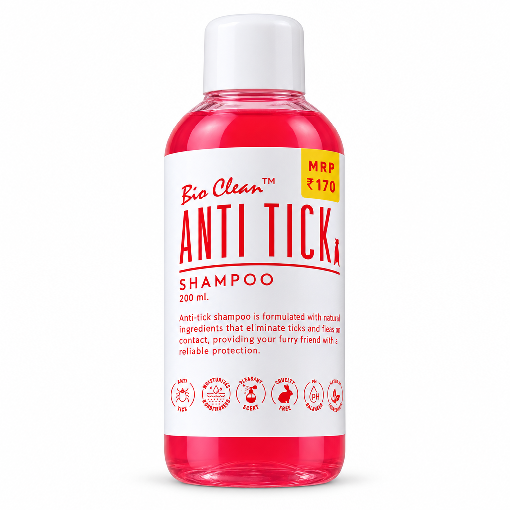 Bio Clean Anti-Tick Shampoo 200 ml bottle with pink liquid and white cap on a white background