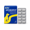 Ecora Sporipet blue and yellow carton with tablet blister on white background