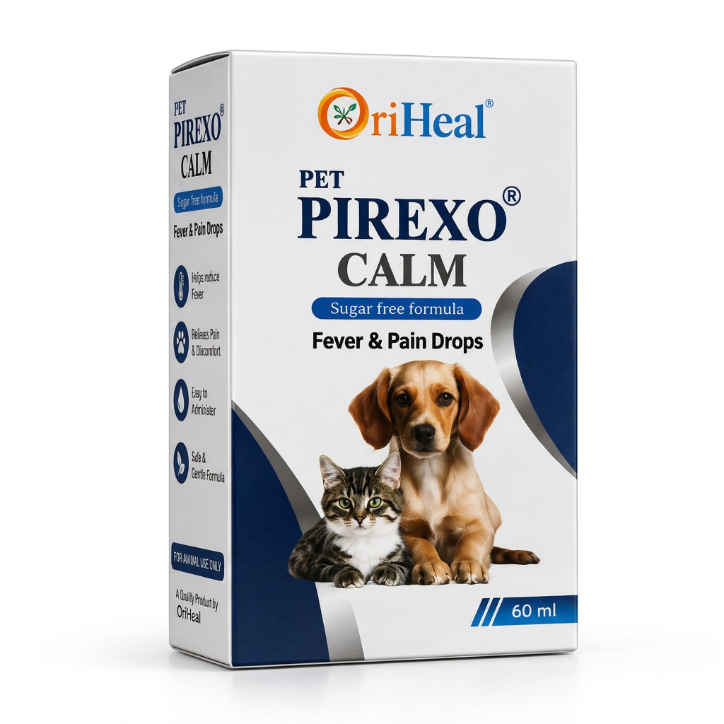 Oriheal Pet Pirexo Calm sugar-free Fever and Pain Drops 60ml carton on a white background