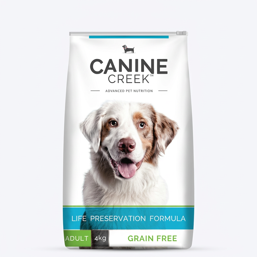 Canine Creek Adult Grain Free dry dog food 4kg white and turquoise bag on a clean white background