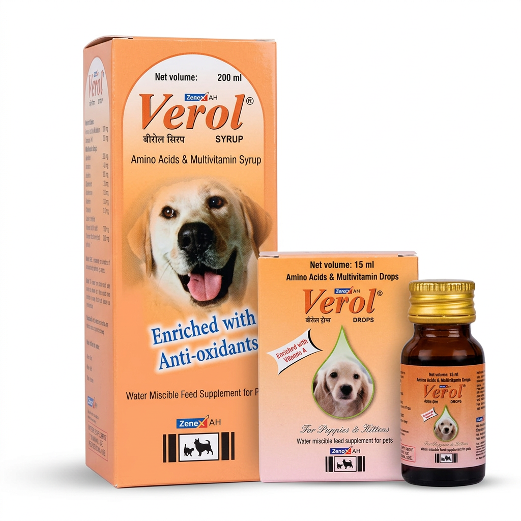 Verol 200ml syrup carton beside 15ml drops carton and amber bottle on a white background