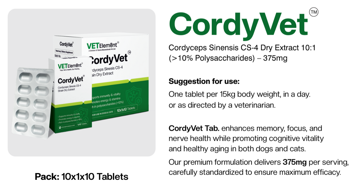 CordyVet product information showing Cordyceps sinensis CS-4 extract and directions
