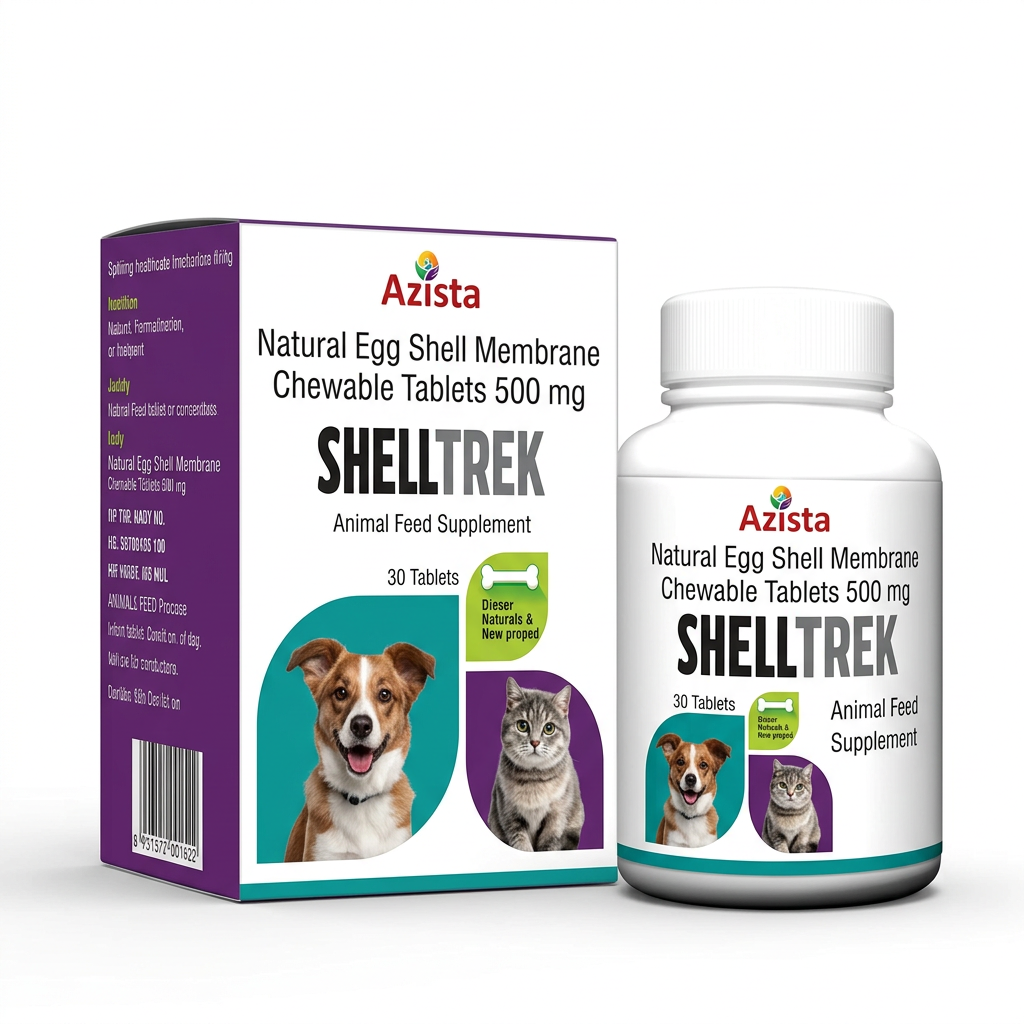 Azista Shelltrek natural egg shell membrane and calcium chewable tablets, 30-tablet carton and bottle