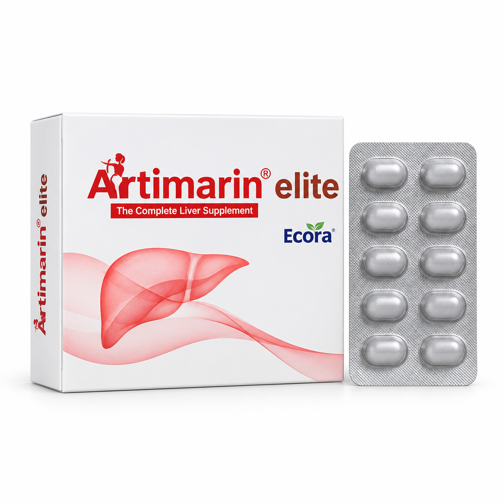 Ecora Artimarin Elite carton and tablet blister strip on white background