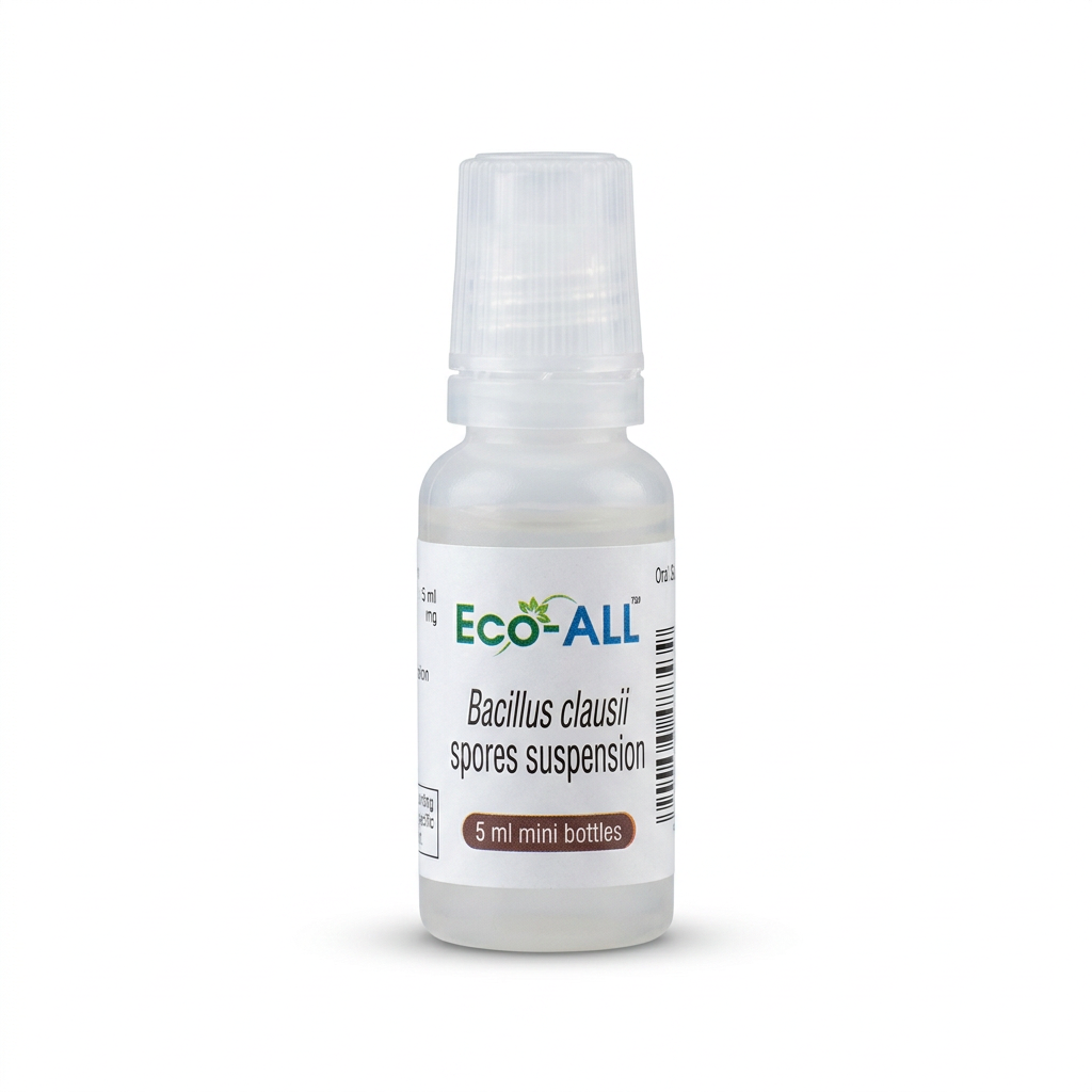 Eco-ALL Bacillus clausii spores suspension single 5 ml mini bottle on a white background