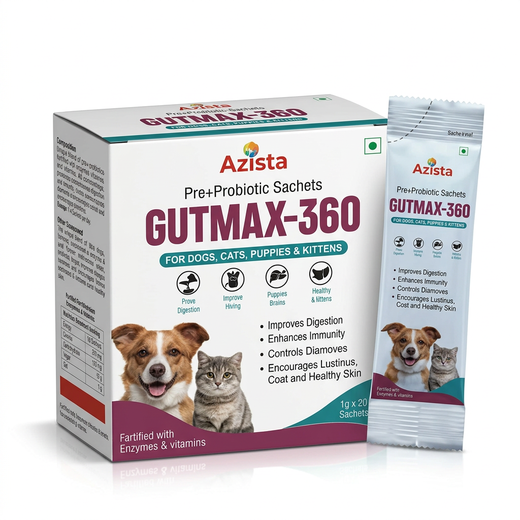 Azista Gutmax-360 prebiotic and probiotic carton and sachet, 20 x 1 g pack for dogs and cats