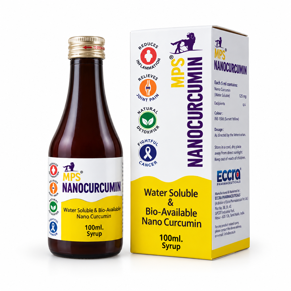 Ecora MPS Nanocurcumin 100 ml syrup bottle and yellow-white carton