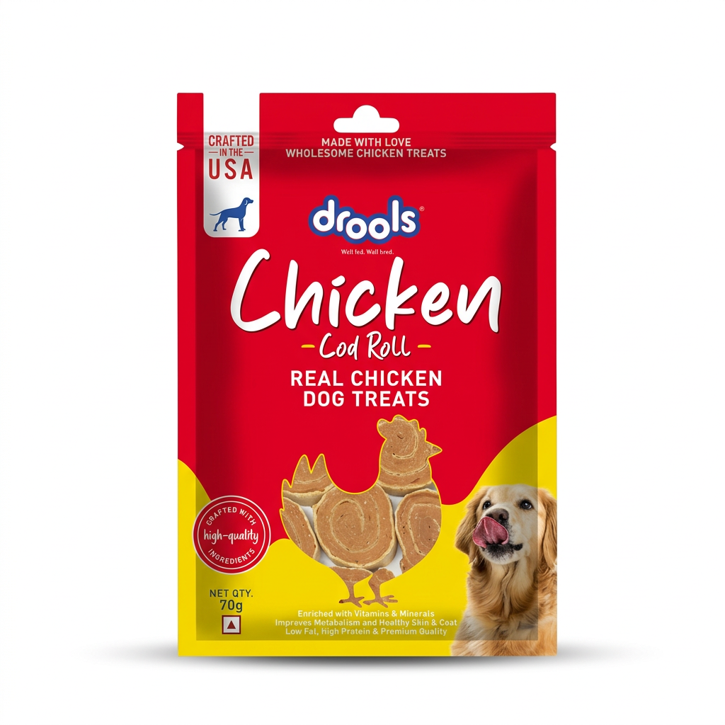 Drools Chicken Cod Roll dog treats 70g red and yellow pouch on a white background