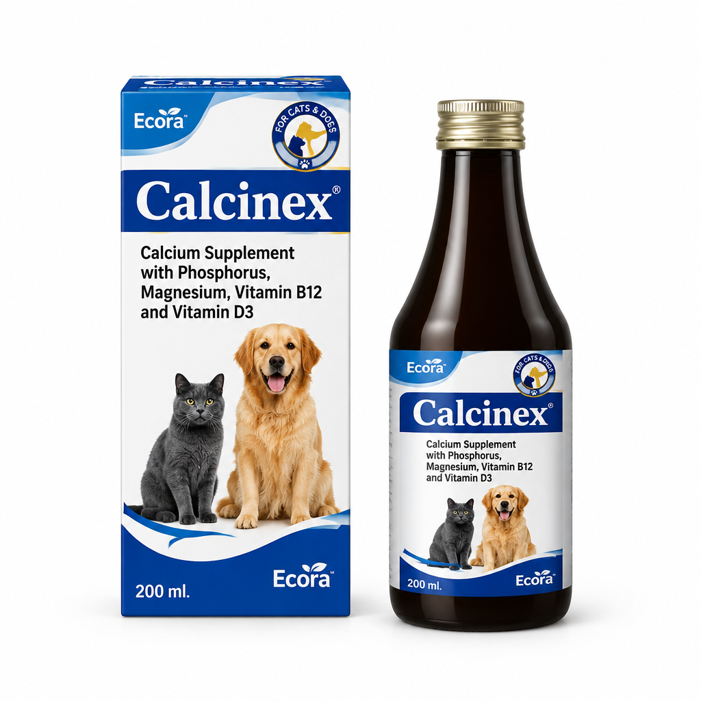 Ecora Calcinex 200 ml suspension bottle and blue white carton on white background