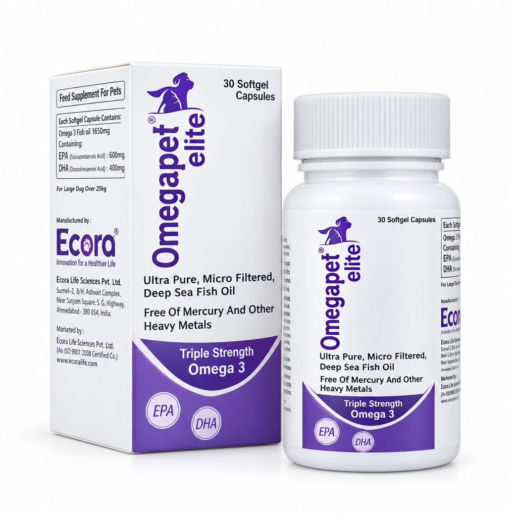 Ecora Omegapet Elite omega-3 30-softgel bottle and purple-white carton