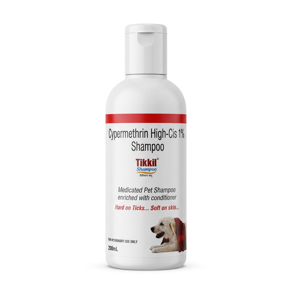 Tikkil Shampoo 200ml bottle, generated studio-style presentation on white background