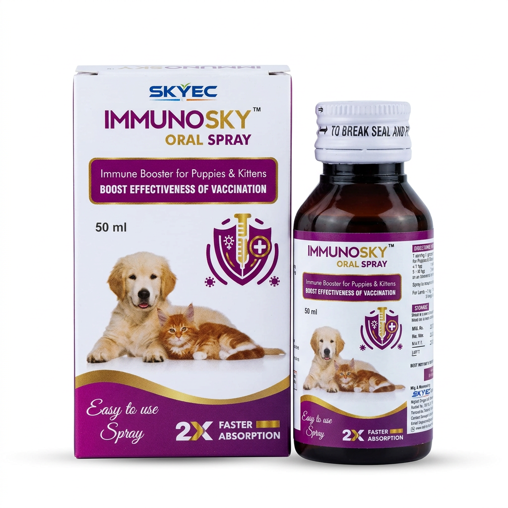 Skyec Immunosky Oral Spray 50 ml carton and bottle for puppies and kittens on a white background